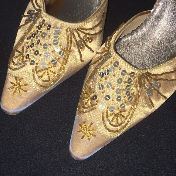 Gold Satin Slip on Shoes with Beading and Sequins - Picture 3 of 10